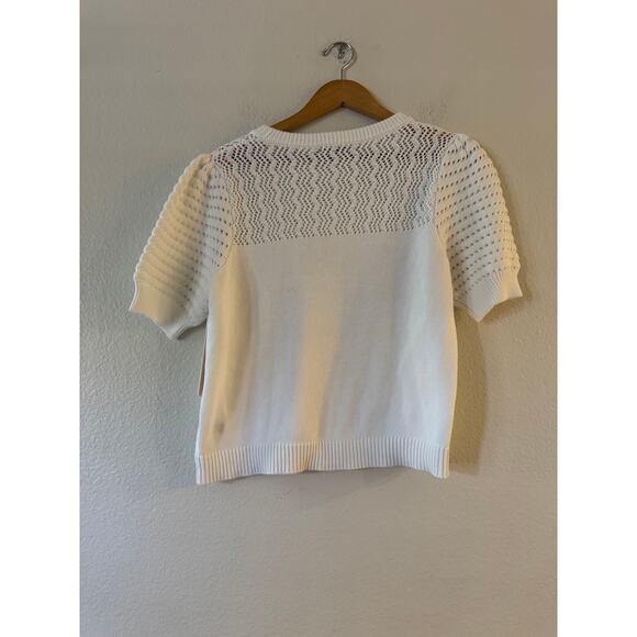 NEW Aqua Cotton Crochet Puff Sleeve Top M White Pointelle Knit Short Sleeve NWT - Picture 4 of 10